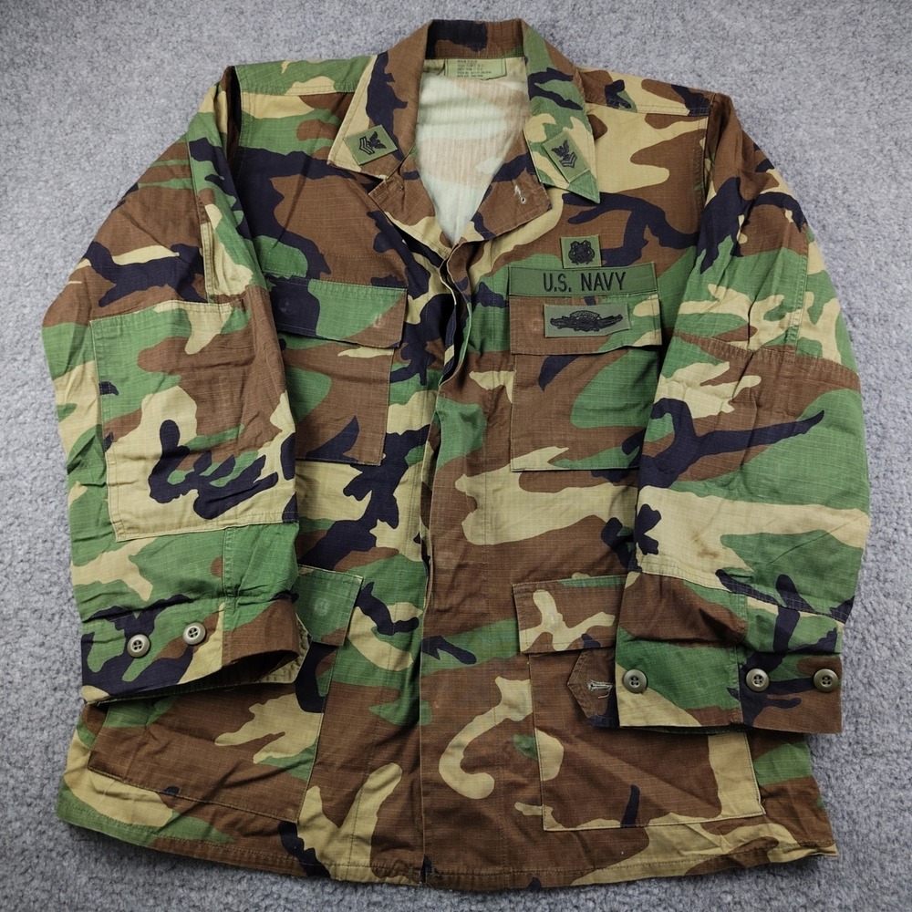 VTG 90s US Navy Combat Jacket Mens Medium Woodland Camo Military Coat Hot Patch